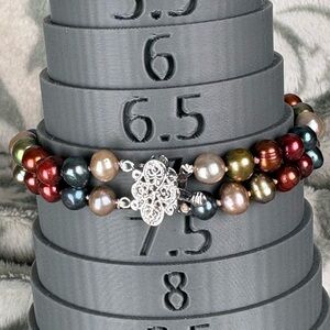 Triple Strand Pearl Bracelet - Jewel Tone Pears with Silver Clasp Size 7